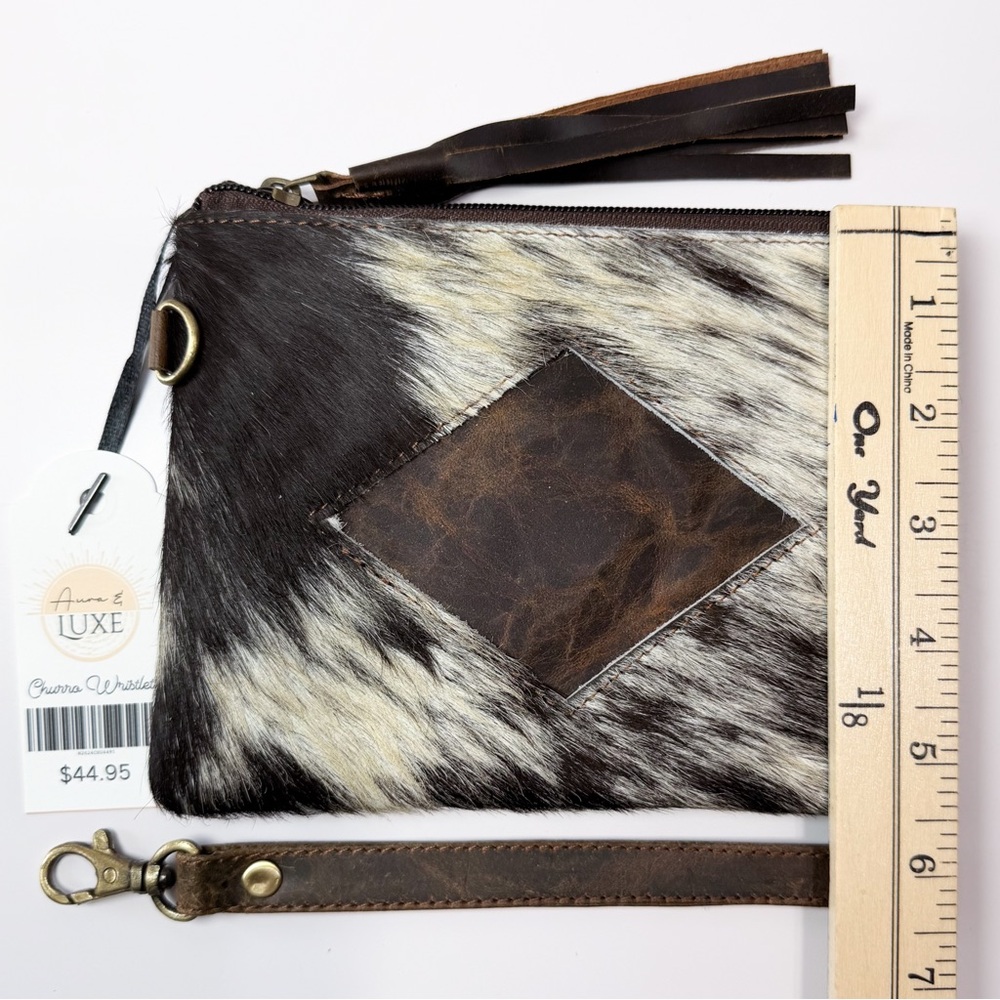 Cowhide Leather Wristlet Clutch - Black & White with Brown Accent - Picture 5 of 5